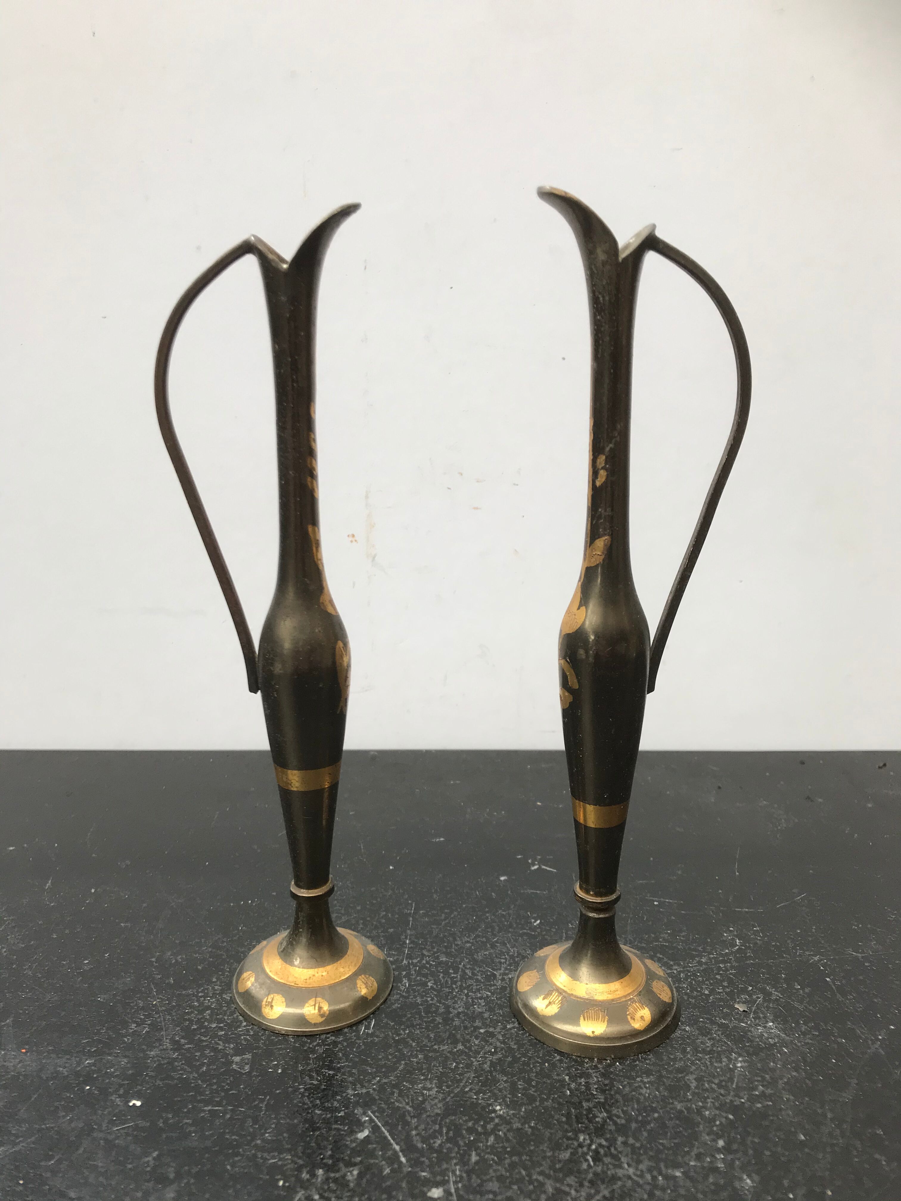 Pair ancient vase soliflore - anse metal vintage golden decoration