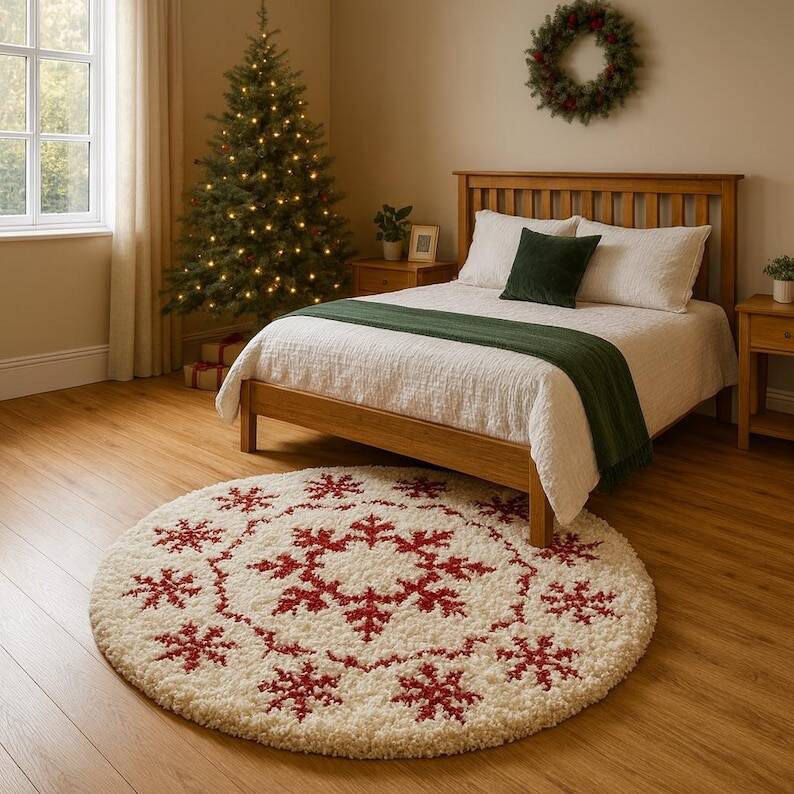 Handmade Moroccan Wool Snowflake Rug: Red & White Christmas Decor 200X200cm