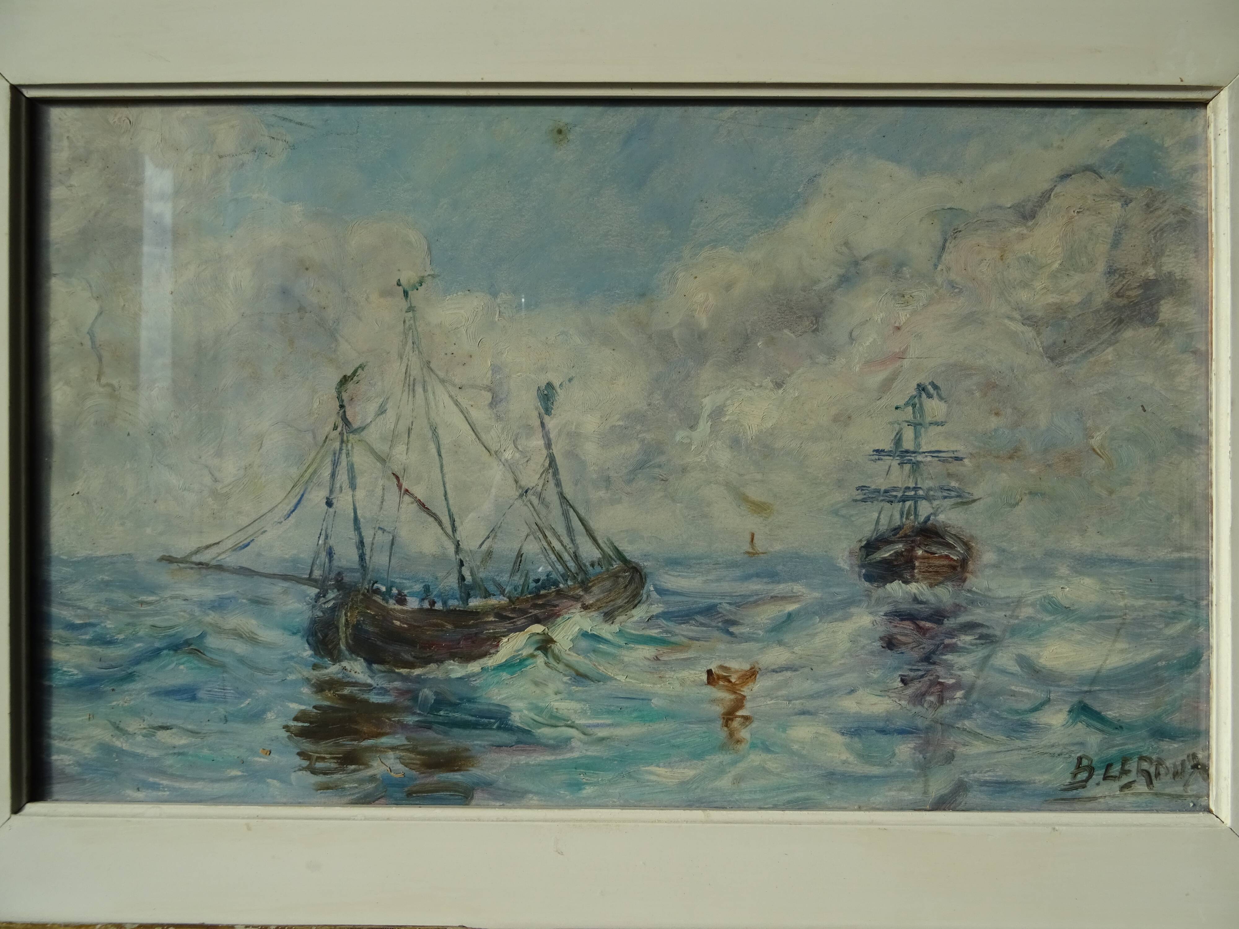 Old painting boat at sea signed