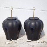 pair of night blue ceramic lamps in pumpkin shape, vintage lamp