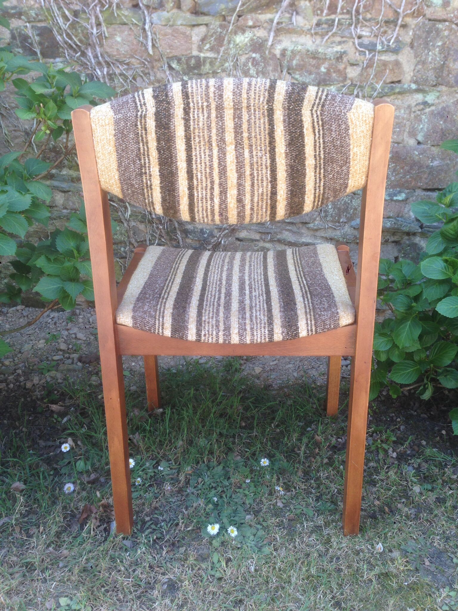 Vintage Scandinavian chairs in fabric and wooden footing.