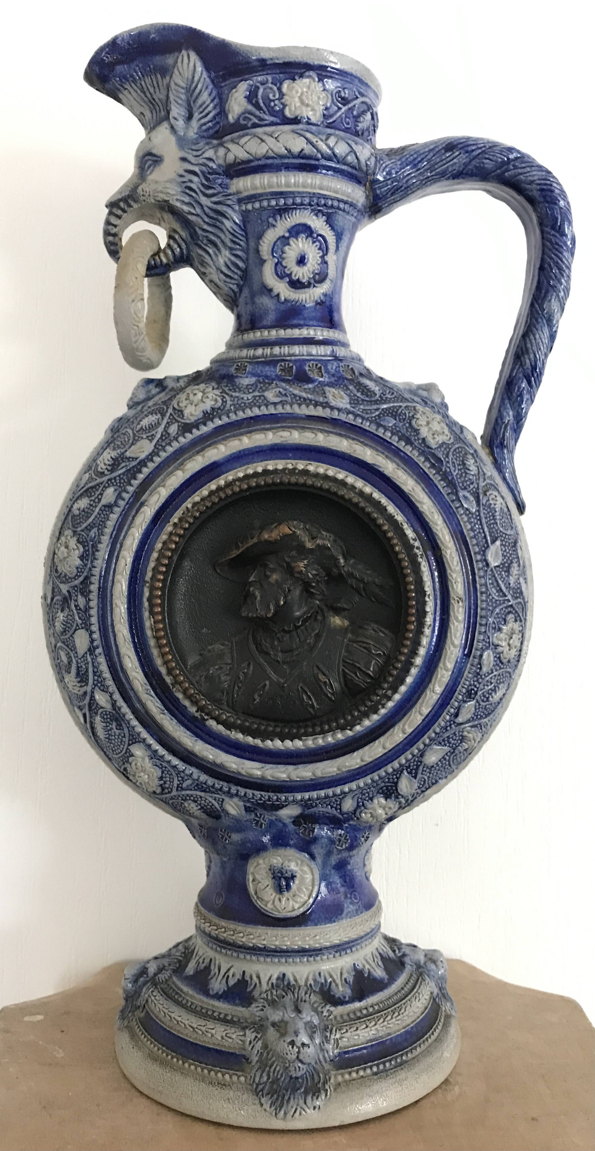 PITCHER Ewer in Stoneware from WESTERLAND, Germany, medallions and sculptures