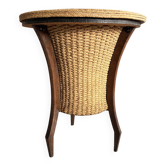 Travailleuse vintage tripode en osier et bois, esprit années 60