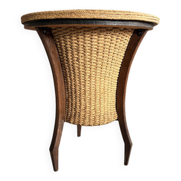 Vintage tripod work lamp in wicker and wood, 1960s style.