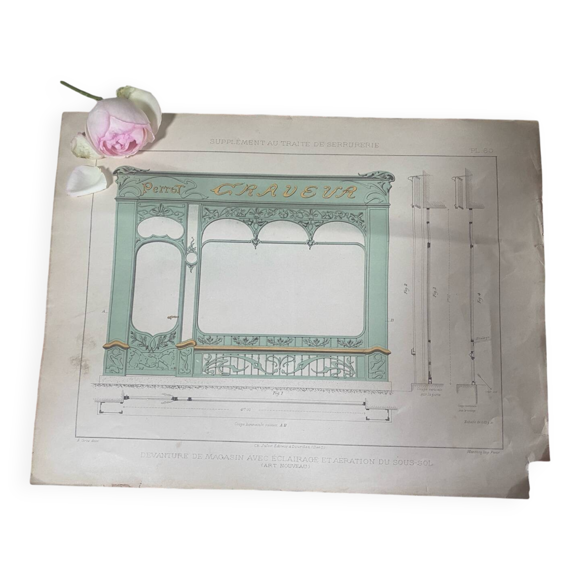 Antique Art Nouveau engraving of a shop front