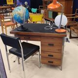 Teak veneer desk with chromed metal frame, from the 70s.