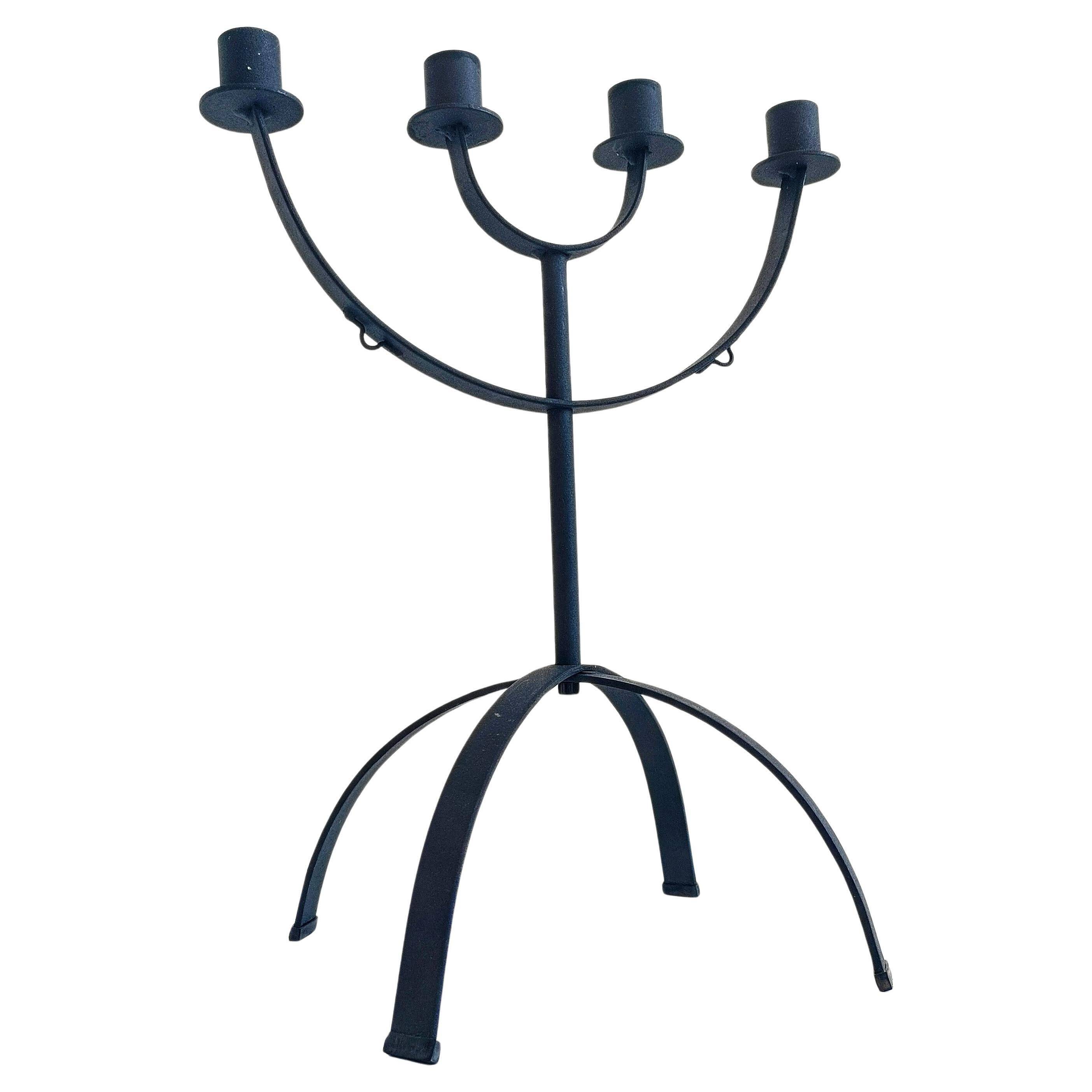 Mid-Century Minimalistic Black Wrought Iron Menorah Candelabra