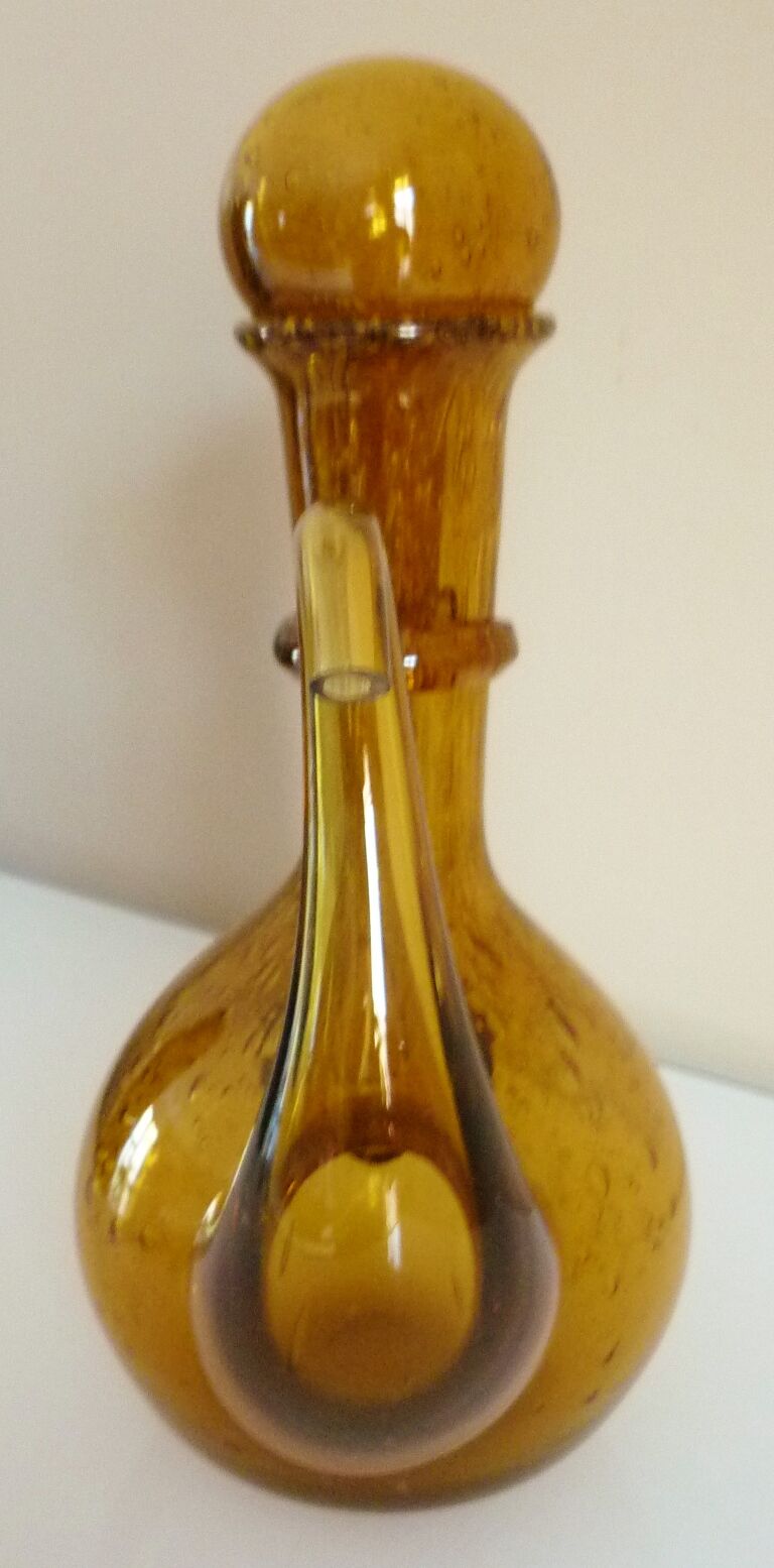 Blown glass carafe from Biot, amber, bubbled, vintage 70s