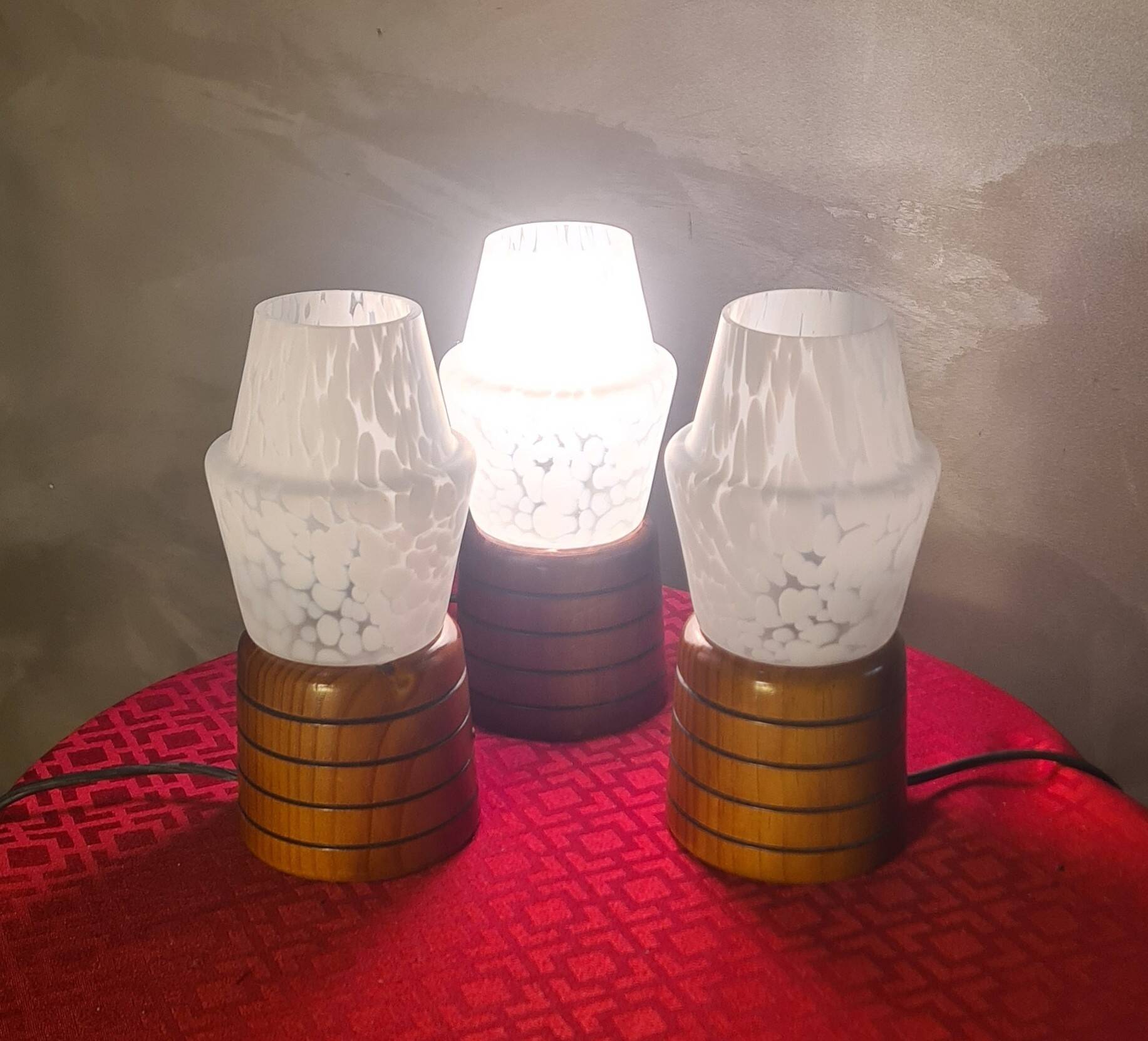 three Scandinavian bedside lamps, turned wood and glass, Clichy 20x9, electric ok