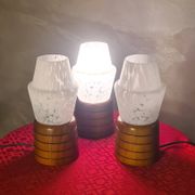 three Scandinavian bedside lamps, turned wood and glass, Clichy 20x9, electric ok