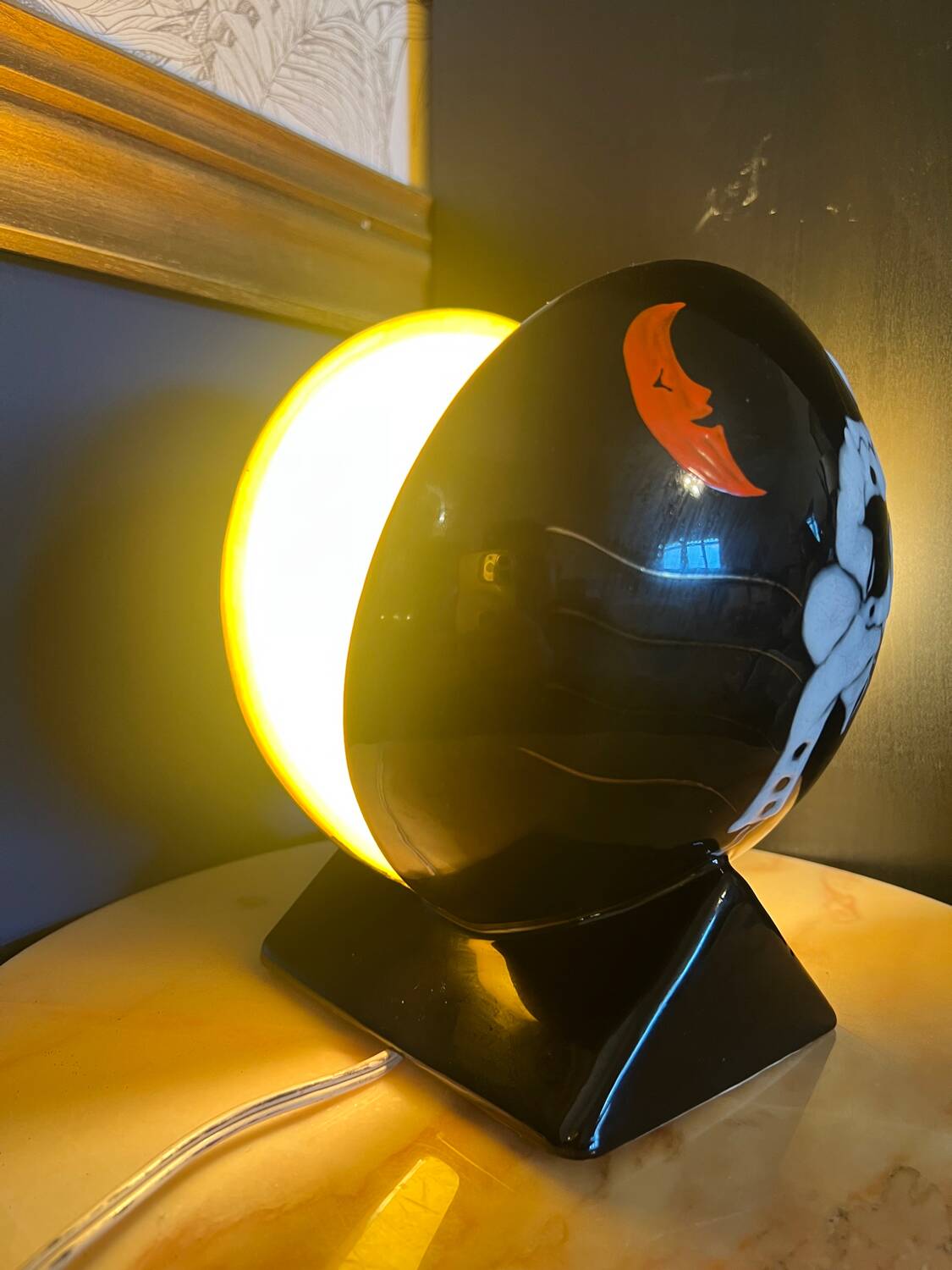 Glazed Earthenware Ball Lamp - Longwy Enamels - "Pierrot at the" Decor
