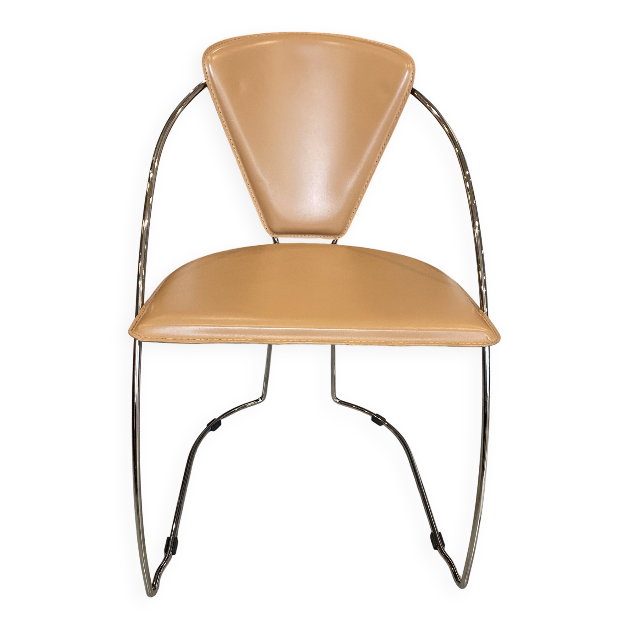 1 Linda armchair chair by Arrben in camel brown leather with a chrome steel frame.
