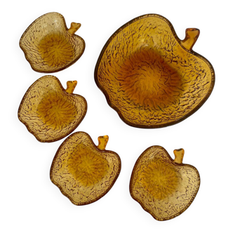 Amber glass dessert service in the shape of an apple made in Italy.