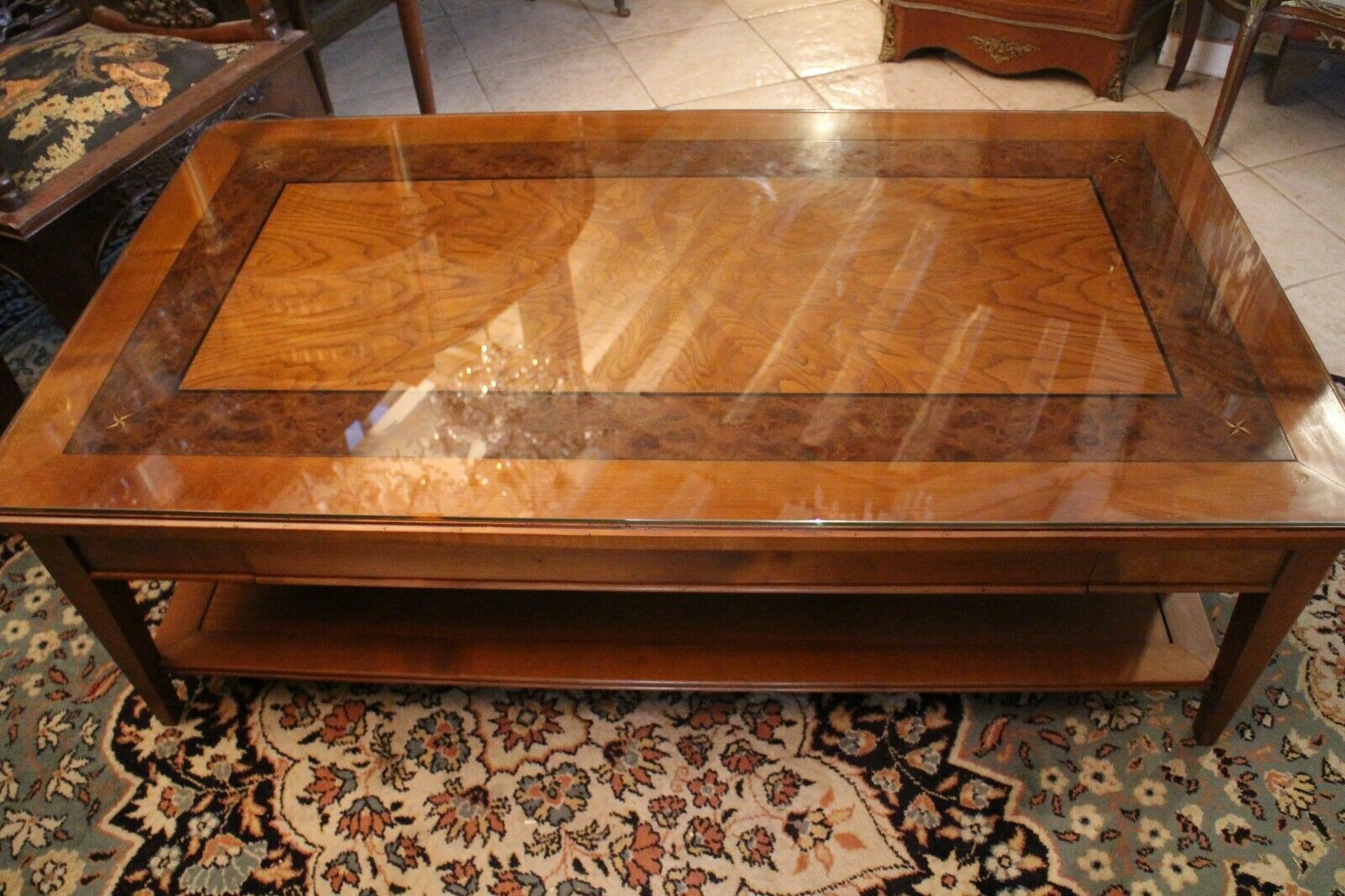 Large coffee table 2 drawers in solid walnut with decoration marked Directory style