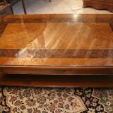 Large coffee table 2 drawers in solid walnut with decoration marked Directory style