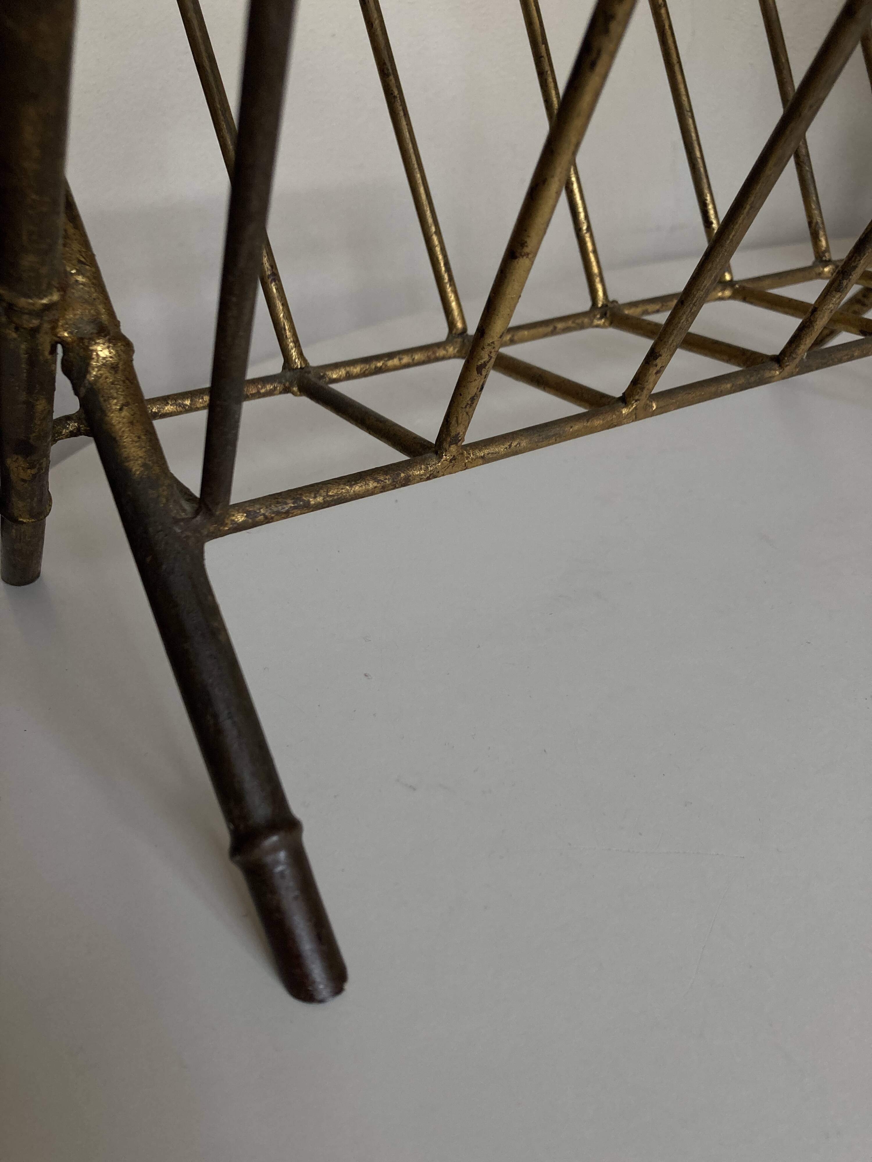 1960 magazine rack faux bamboo in beaten gold iron Italian craftsmanship