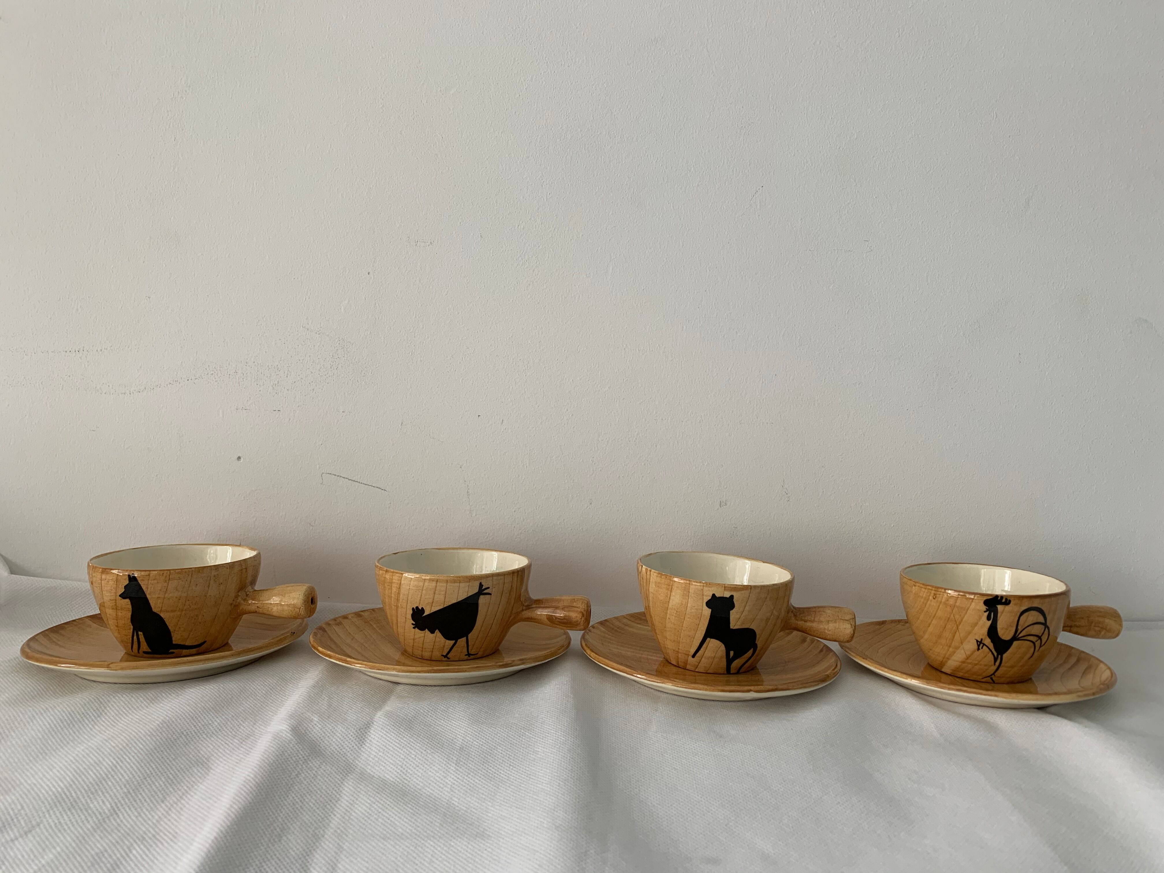 4 coffee cups and 4 sub cups zoomorphic ceramic animals Grandjean Jourdan Vallauris 1950