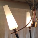 Modernist chandelier with 3 lights in gold and black metal, opaline tulip - 50s