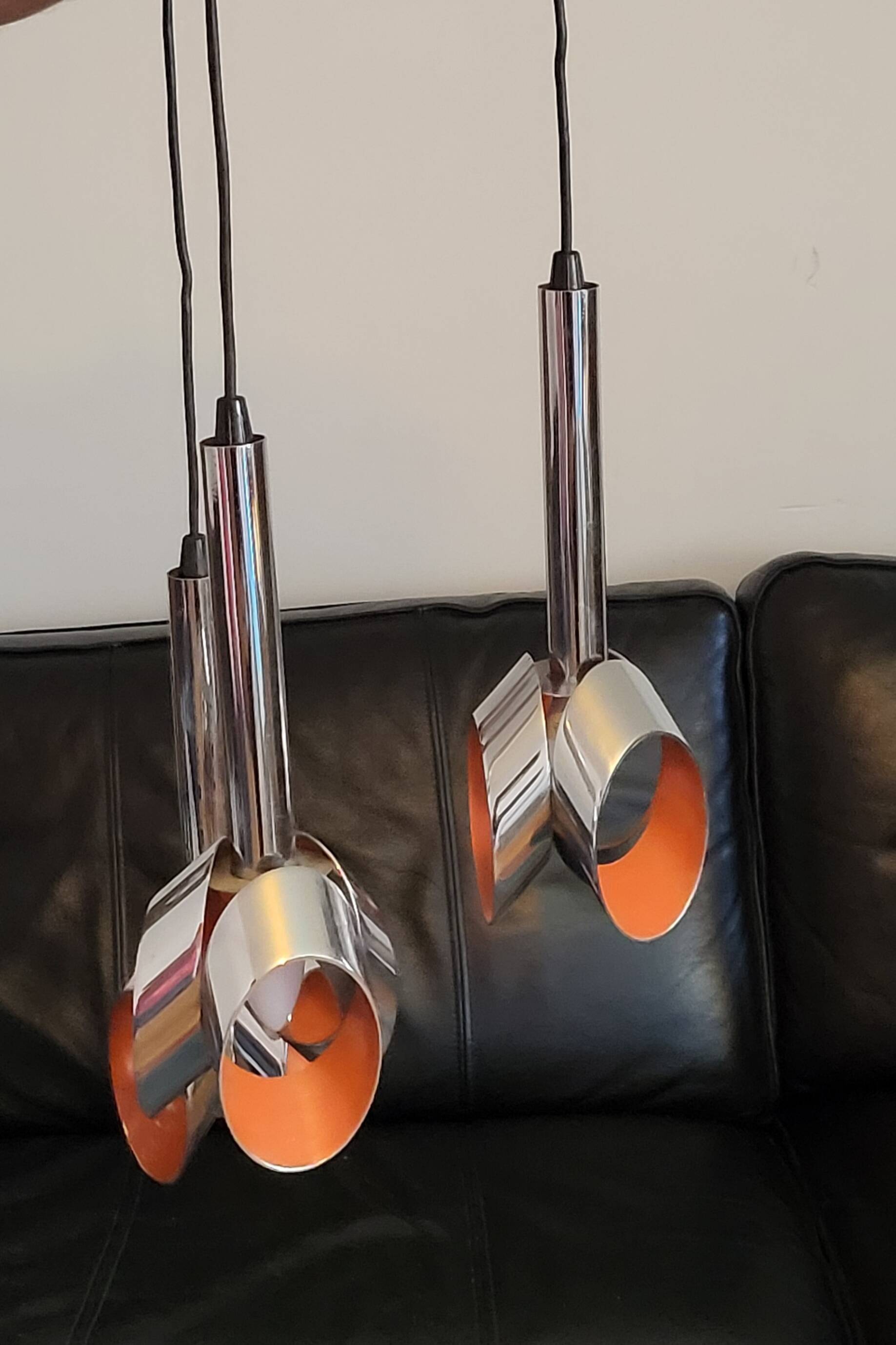 Massive Belgique three-armed waterfall pendant lamp in chrome and orange lacquer