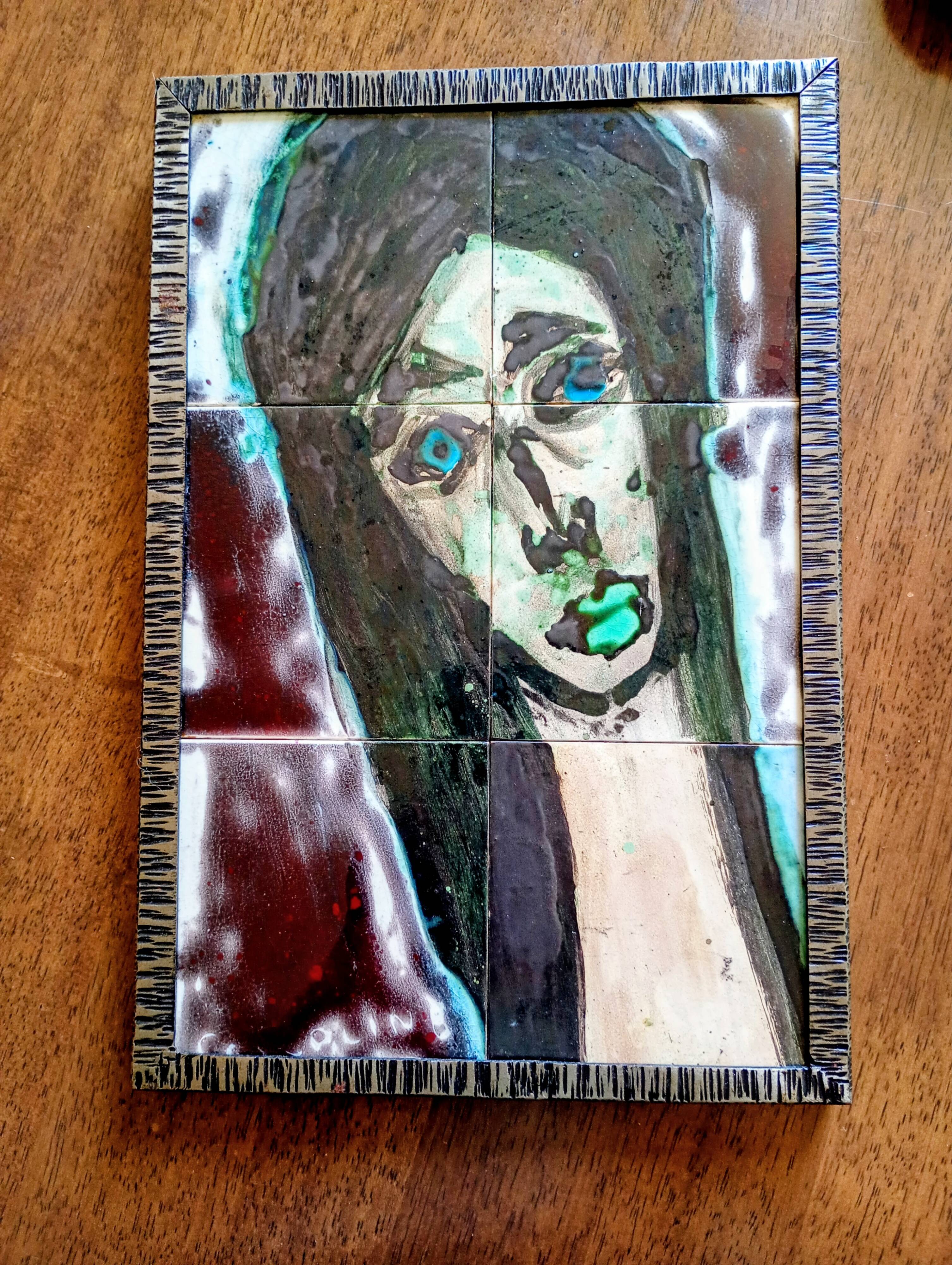 1960s: 6 Glazed ceramic tiles mounted in a frame - female figure