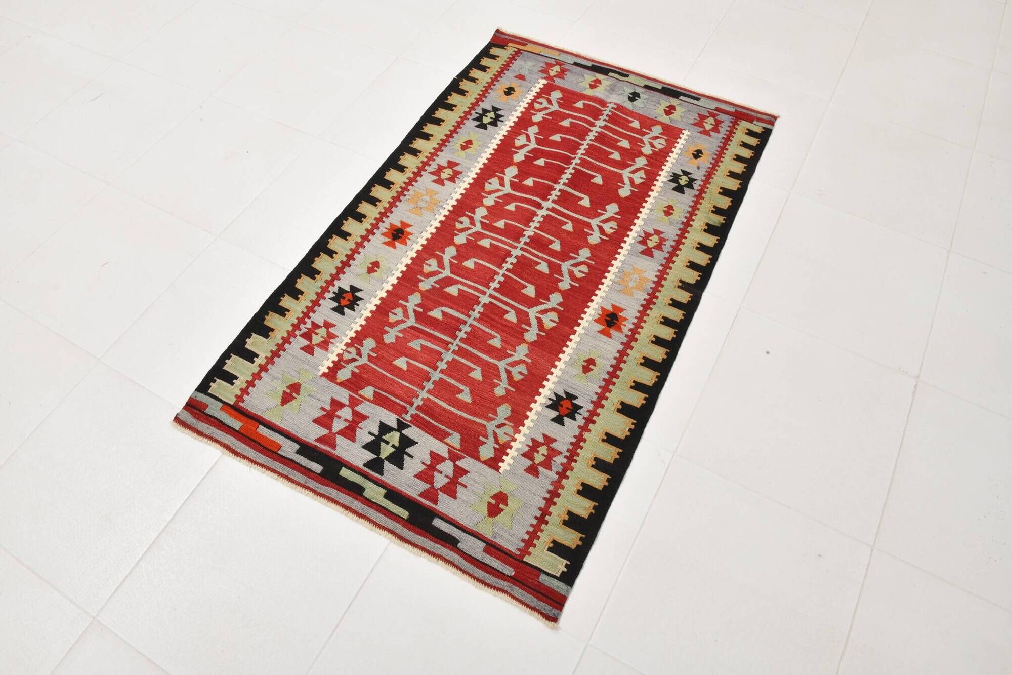 3x5 Red Green Tribal Vintage Kilim Rug, 88x147Cm