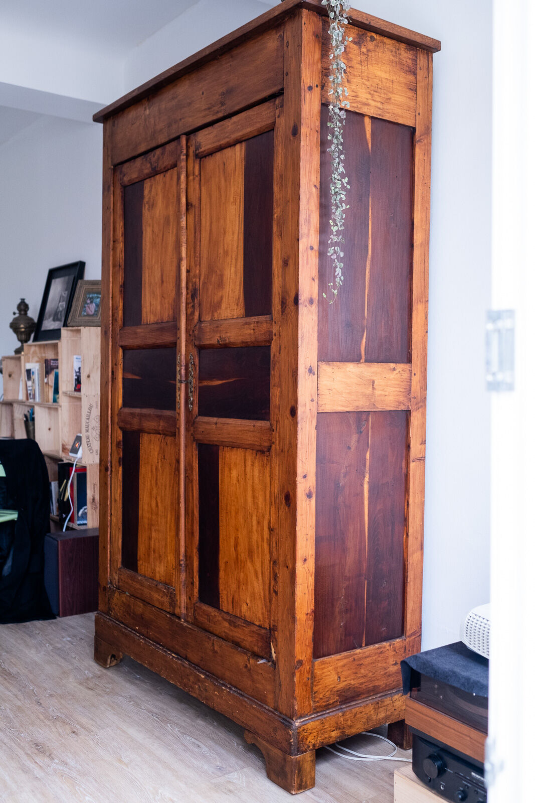 Old wardrobe cabinet in elm and solid walnut