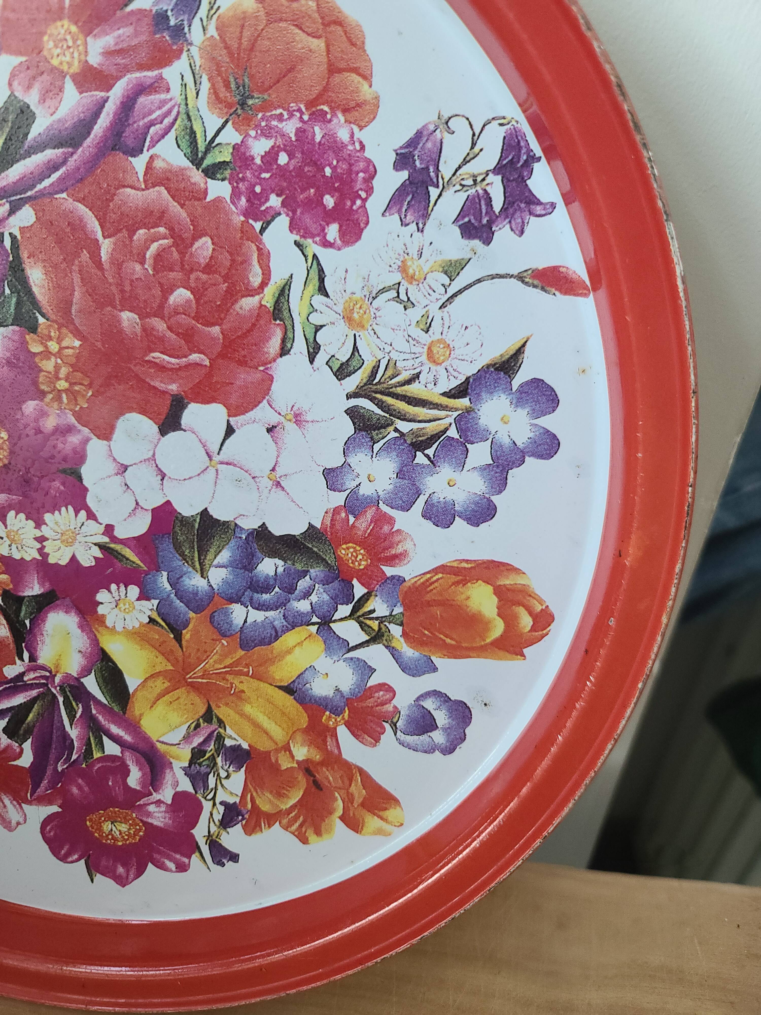 Vintage Metal Tray with Vibrant Floral Pattern