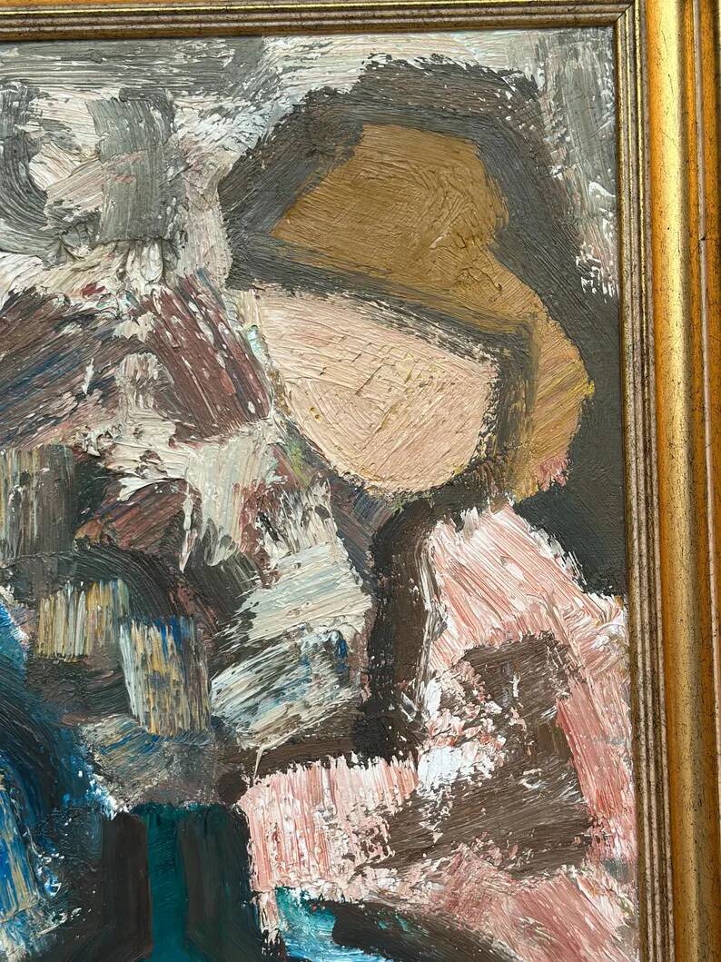 Original Swedish Oil on Canvas – "Family" by Gösta Falck – Signed – Vintage and Framed