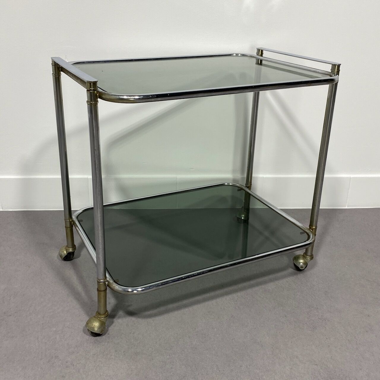 Chrome bar cart with green fume glass