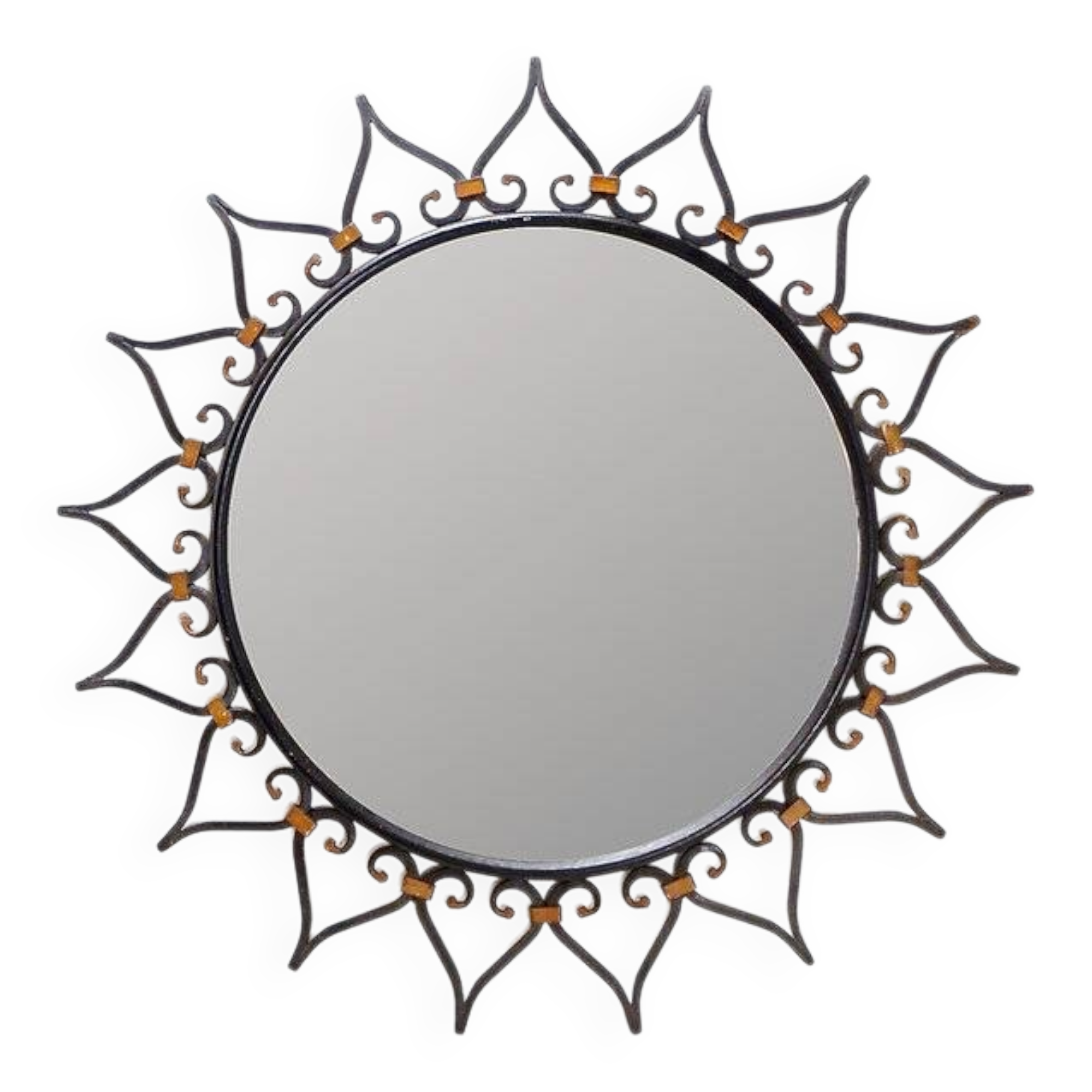 Wall mirror sun in wrought iron with heart pattern - 1960s