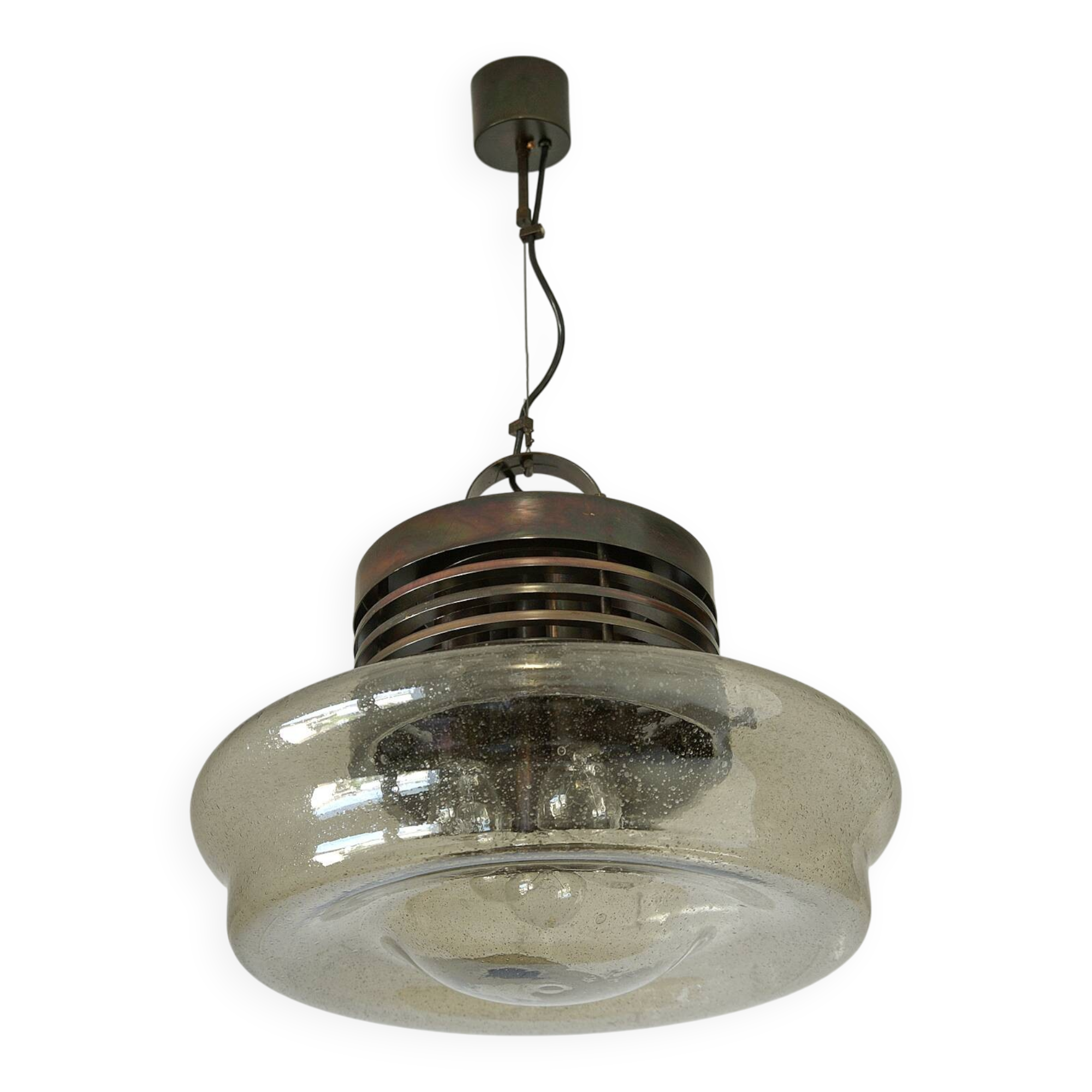 Vintage Brutalist Light X Large Glass Pendant Lamp Mid Century Modern 1980