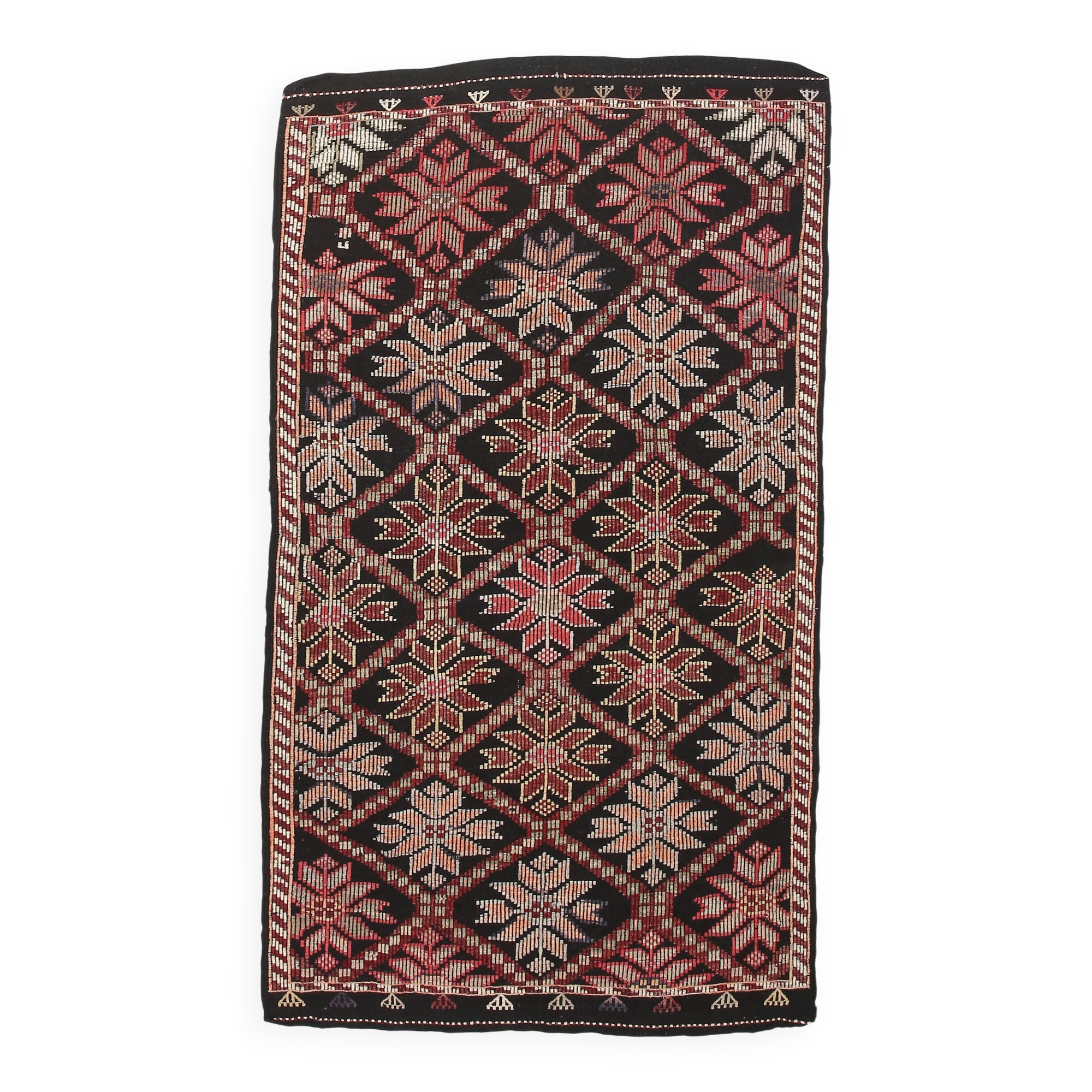 4x8 Red & Black Star Pattern Vintage Kilim Rug, 136x234Cm