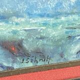 Tableau gouache Marine à la mer par tempête signée Schmitt