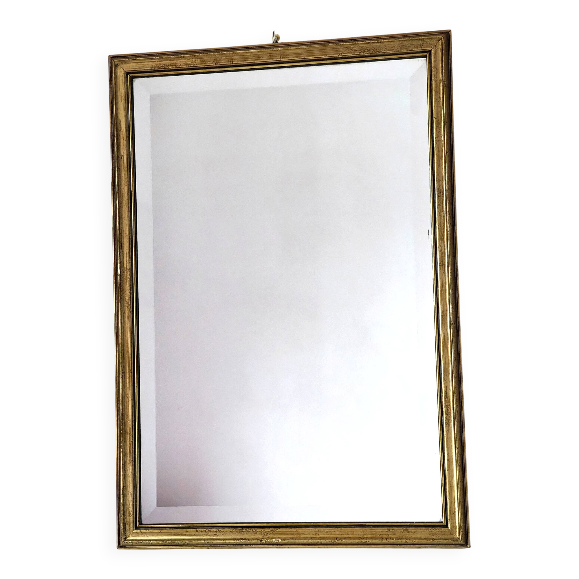 Rectangular gold mirror with bevelled glass.