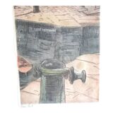 Framed etching, signed