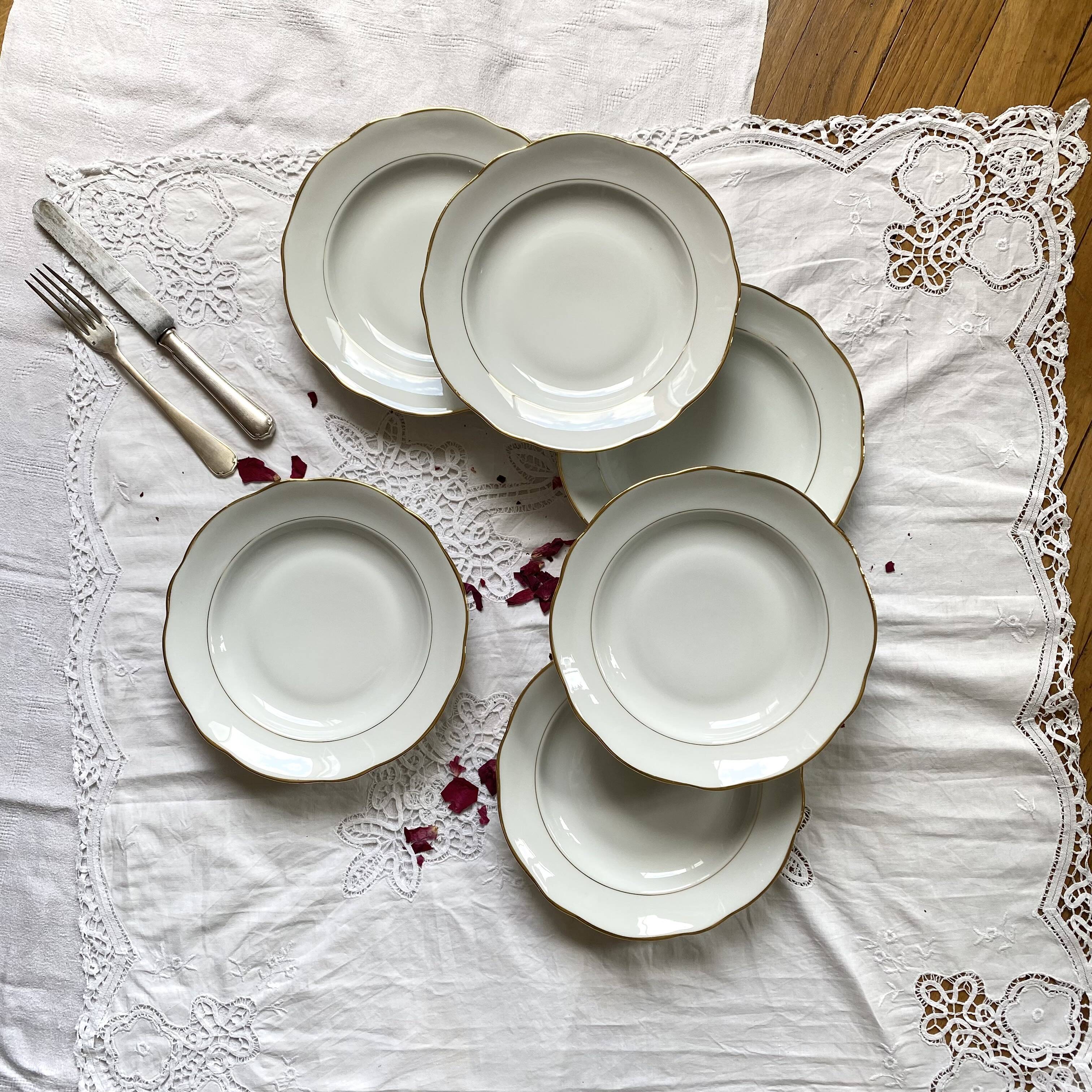 6 deep plates white porcelain with gold decoration Sologne Lamotte