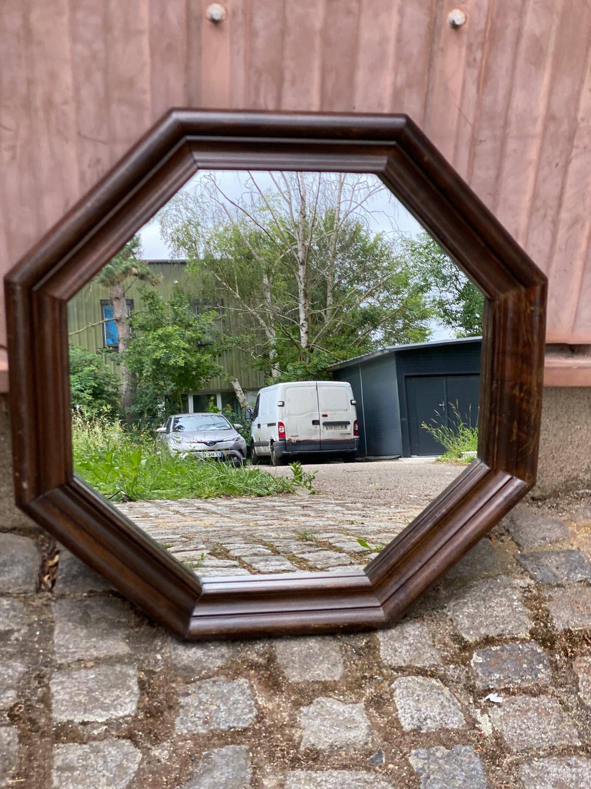 Vintage octagonal mirror in solid wood from the 70s, 63x63cm.
