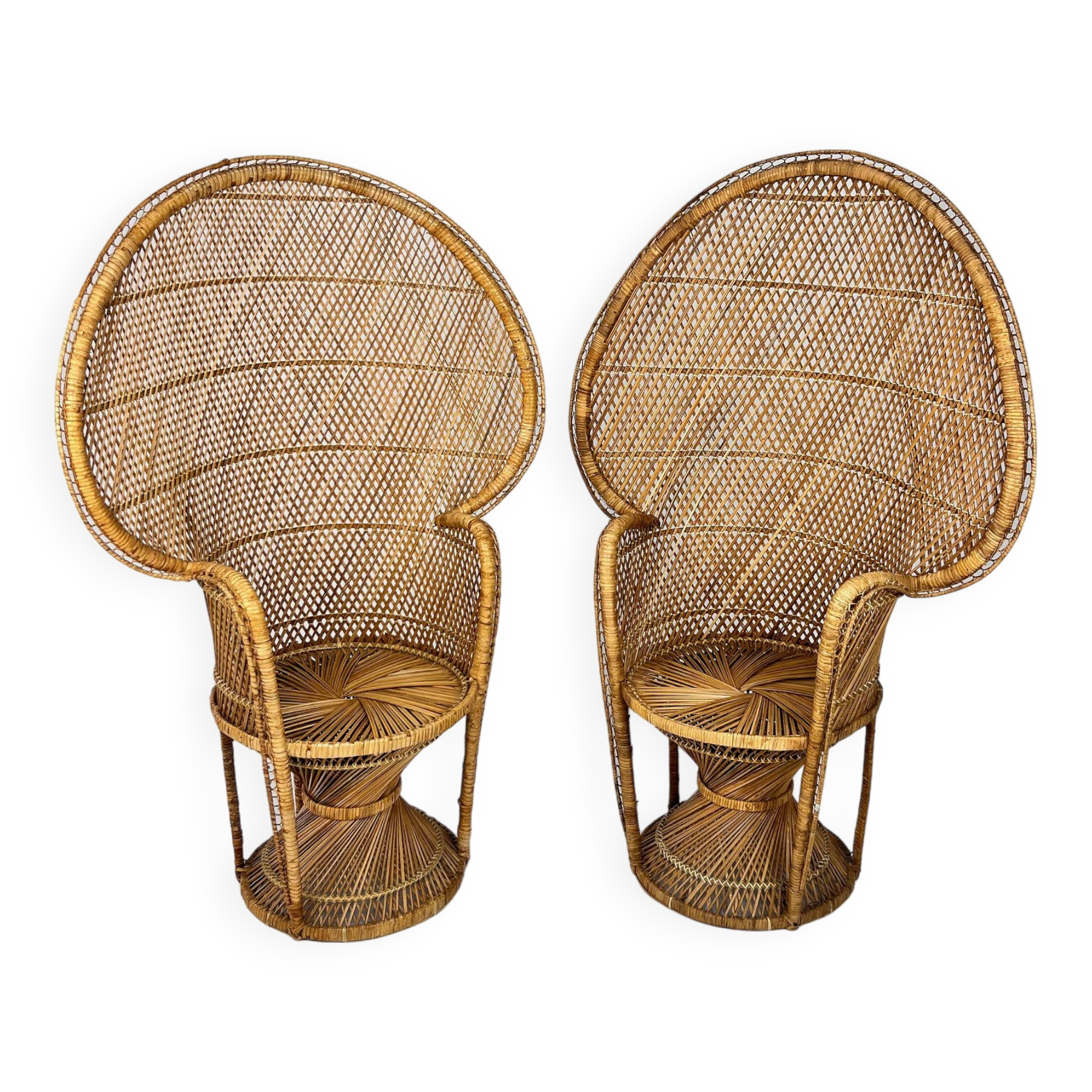 Set of 2 Vintage Rattan and Wicker Peacock Chairs, 1970s