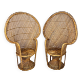 Set of 2 Vintage Rattan and Wicker Peacock Chairs, 1970s
