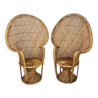 Set of 2 Vintage Rattan and Wicker Peacock Chairs, 1970s