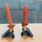 Set of two candlesticks, in the shape of flowers, tulips in black and gold metal, vintage