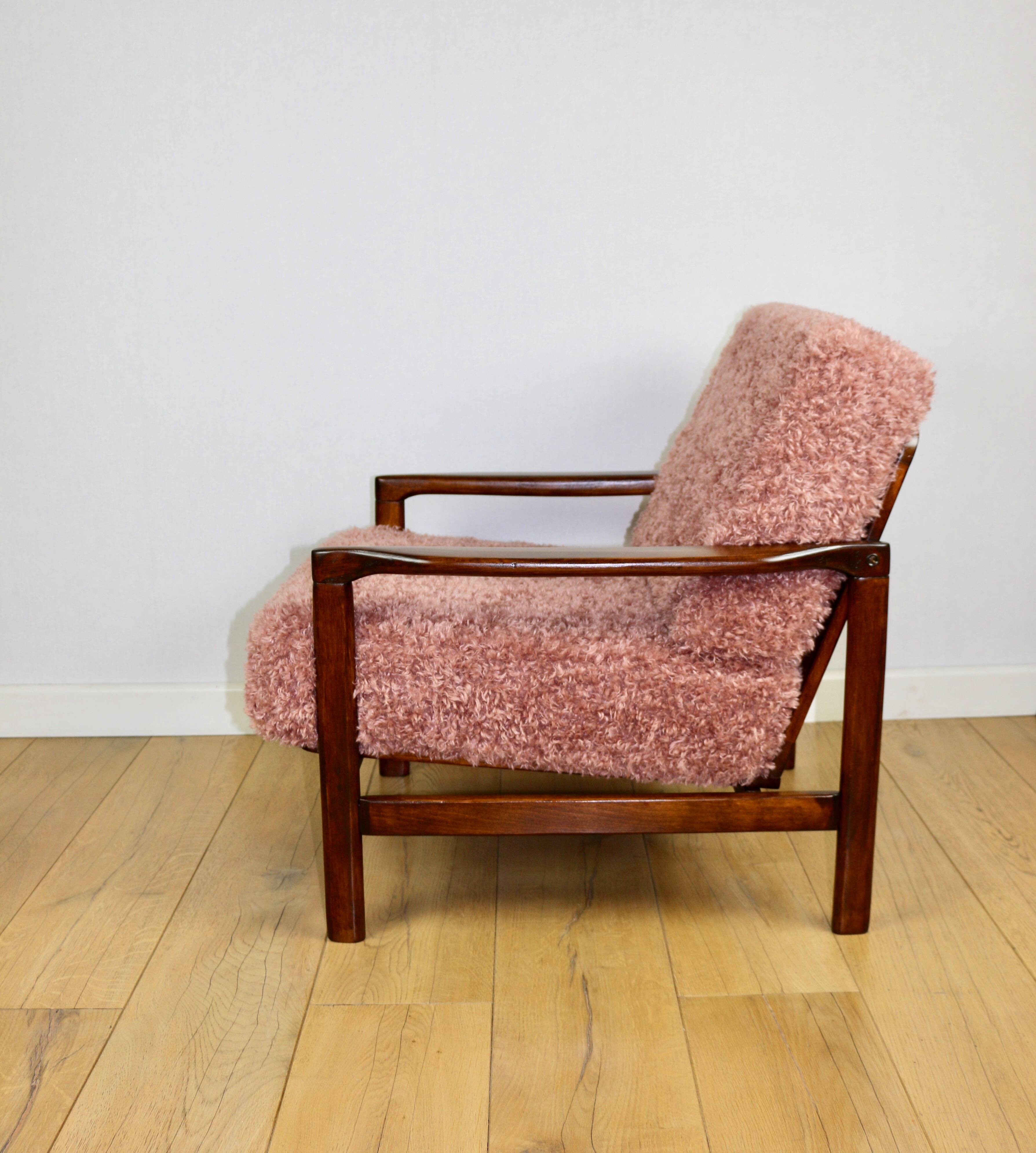 Wooden vintage brown armchair pink long hair proj. Z. Bączyk - 2 pieces available