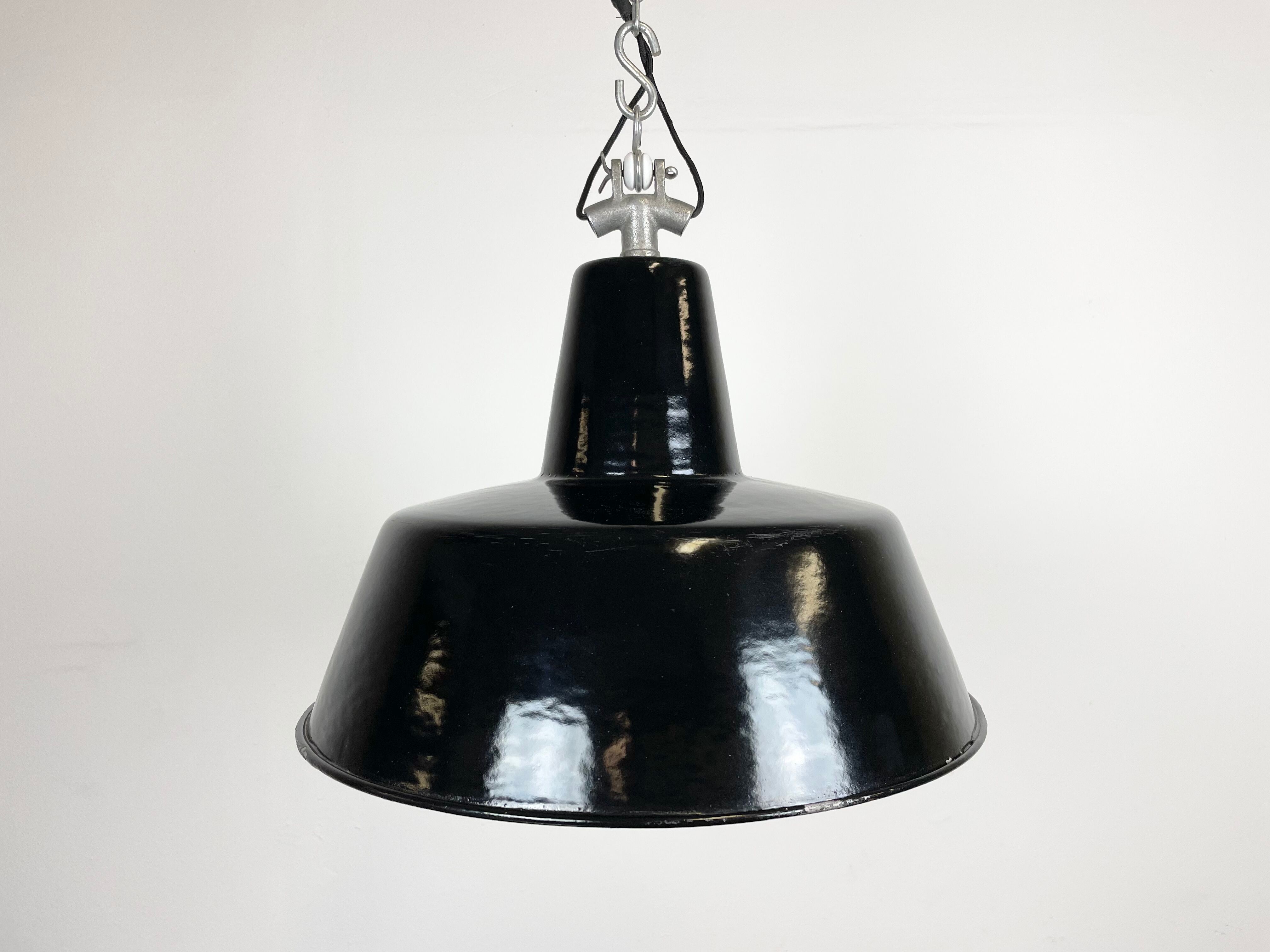 Black Enamel Industrial Factory Pendant Lamp, 1950s