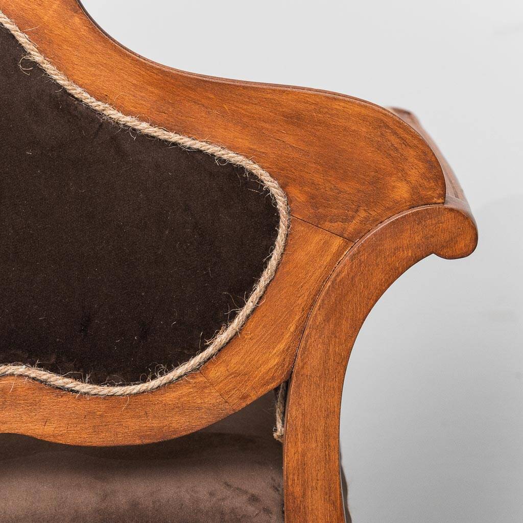 Vintage bench in brown velvet and carved wood, 1950s modernism