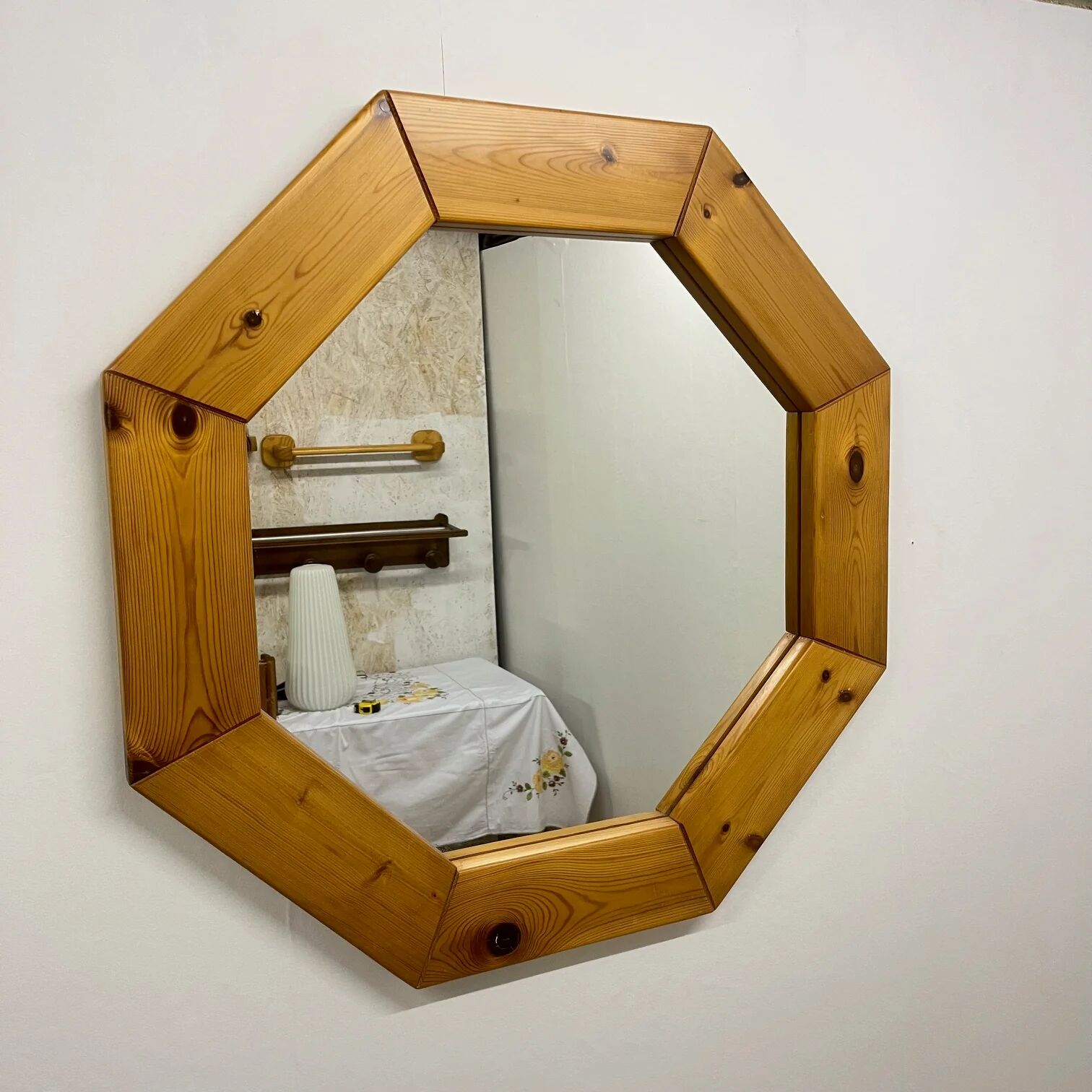 Large octagonal pine mirror, Scandinavian, 1980.