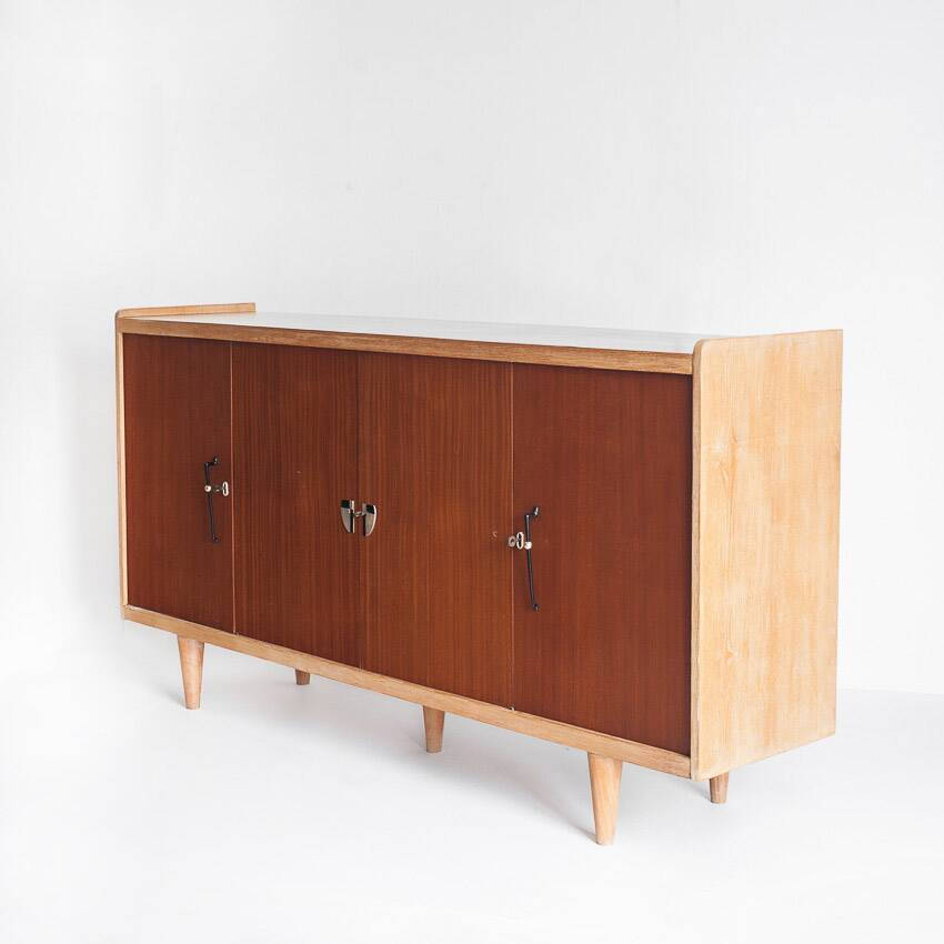 Vintage high buffet. Oak and mahogany veneer, France, 1960s.