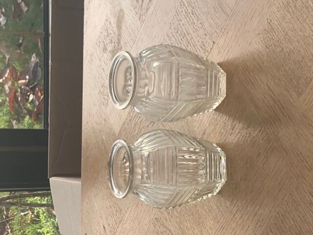 Two hyacinth vases in molded glass with vintage geometric patterns