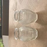 Two hyacinth vases in molded glass with vintage geometric patterns