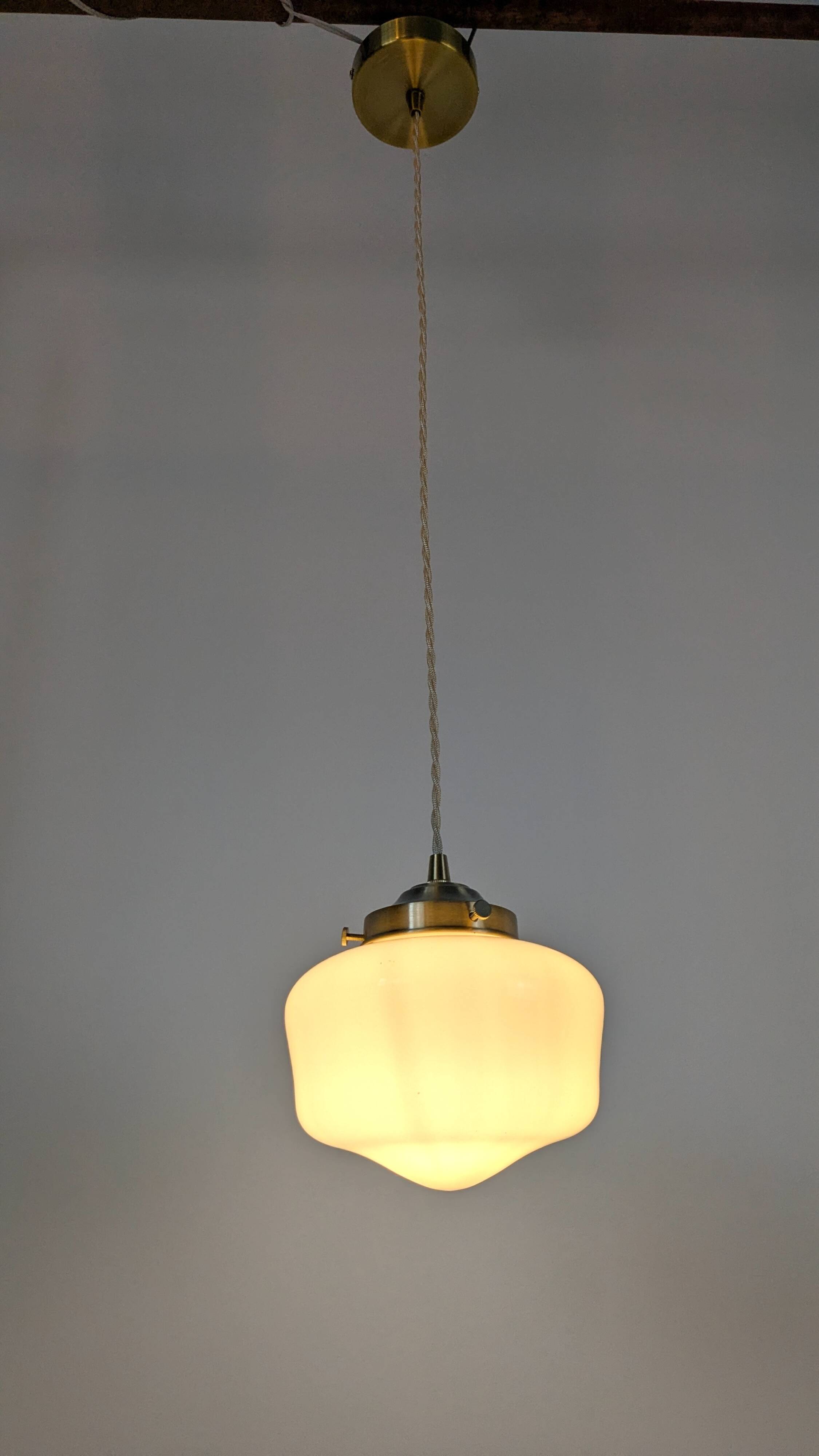 Antique opaline and brass pendant light – vintage globe 15 cm