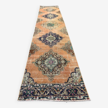 Tapis tribal vintage en laine, turc en détresse, 375x80 cm